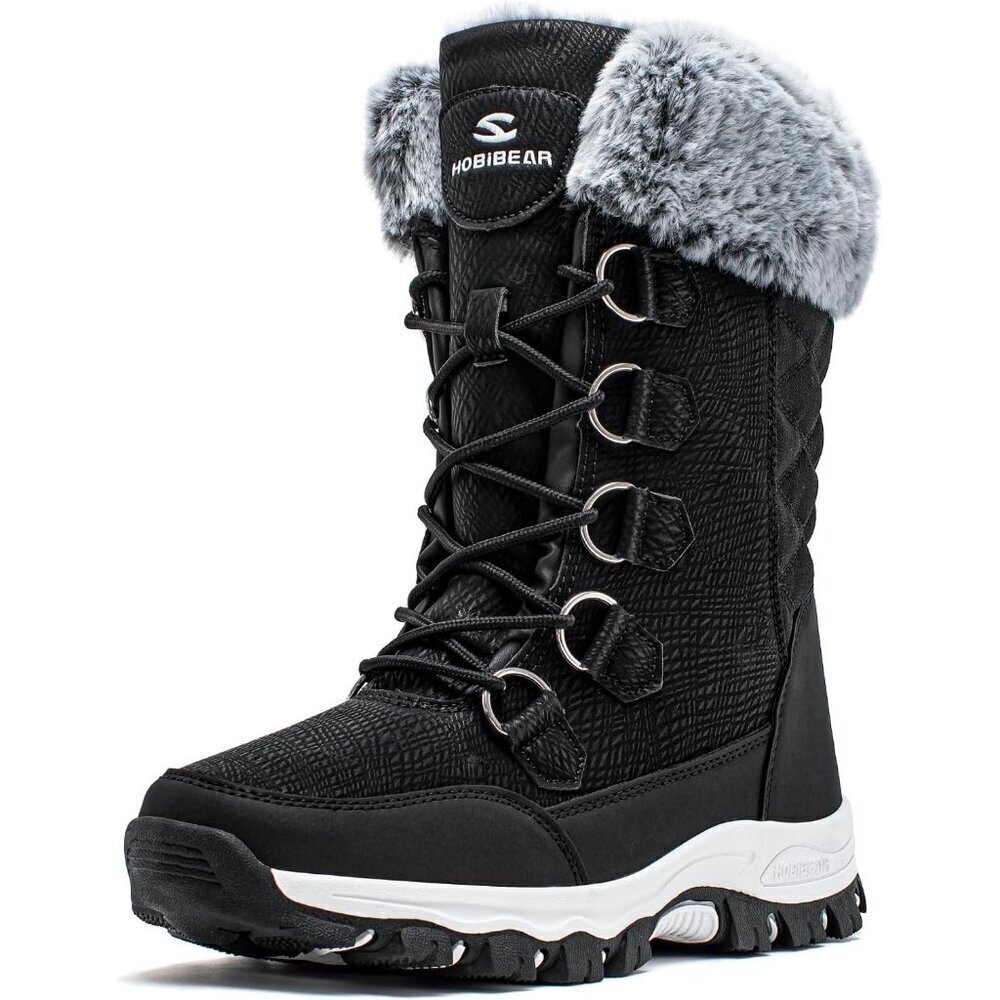 HOBIBEAR Women Waterproof Winter Snow Boots Black Fur Lined Insulated Warm Shoes
